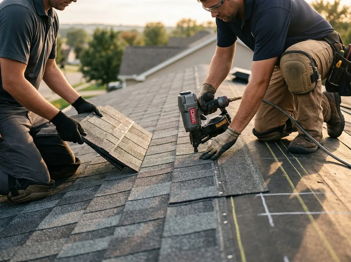 Professional roofer working on a residential roof in Searcy